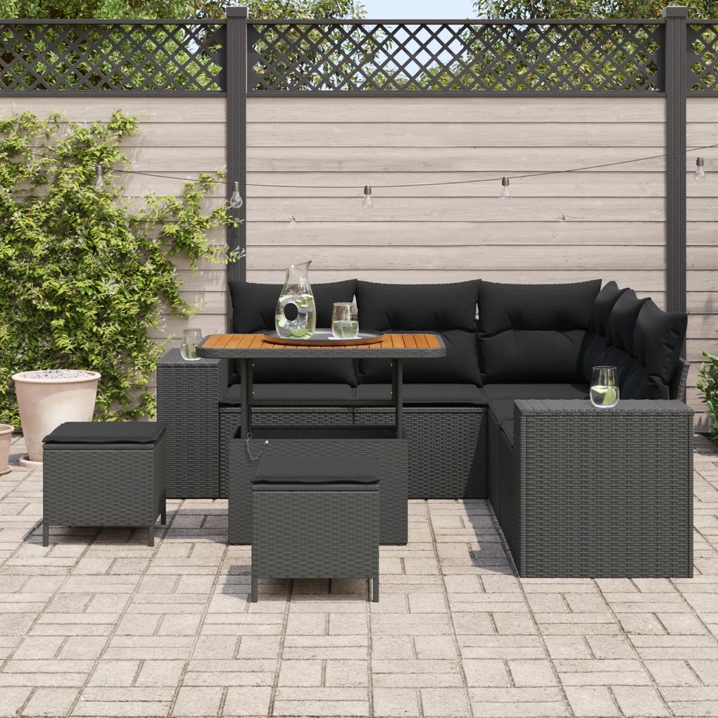Conjunto de Sofá de Jardim de 8 Peças com Almofadas Preto Rattan Polié