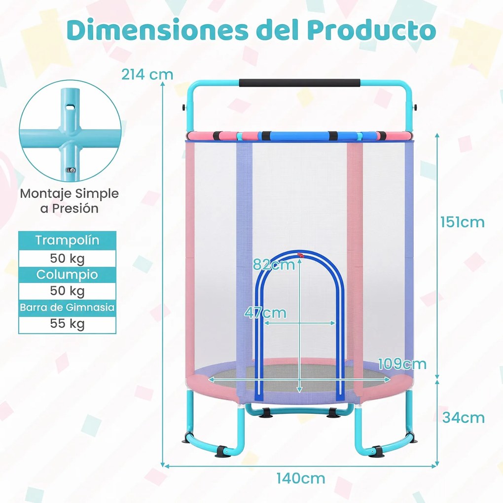 Trampolim Infantil 6 em 1, 140 x 140 x 214 cm, com Rede de Segurança, Azul
