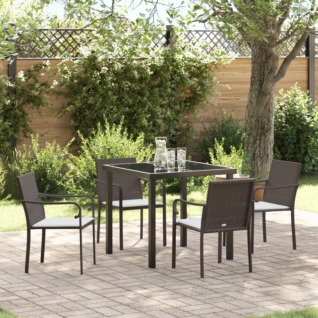 Conjunto de Jantar para o Jardim com 5 Peças e Almofadas em Rattan Sintético Castanho