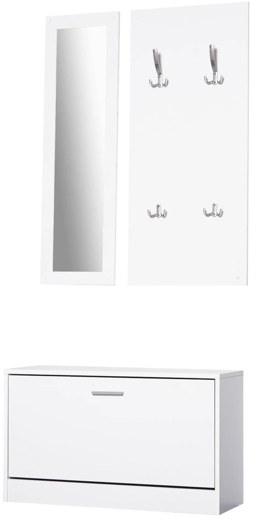HOMCOM Móvel Cabide de Entrada de 3 Peças Armário de Entrada com Cabide Espelho e Sapateira 80x27x46,5cm Branco