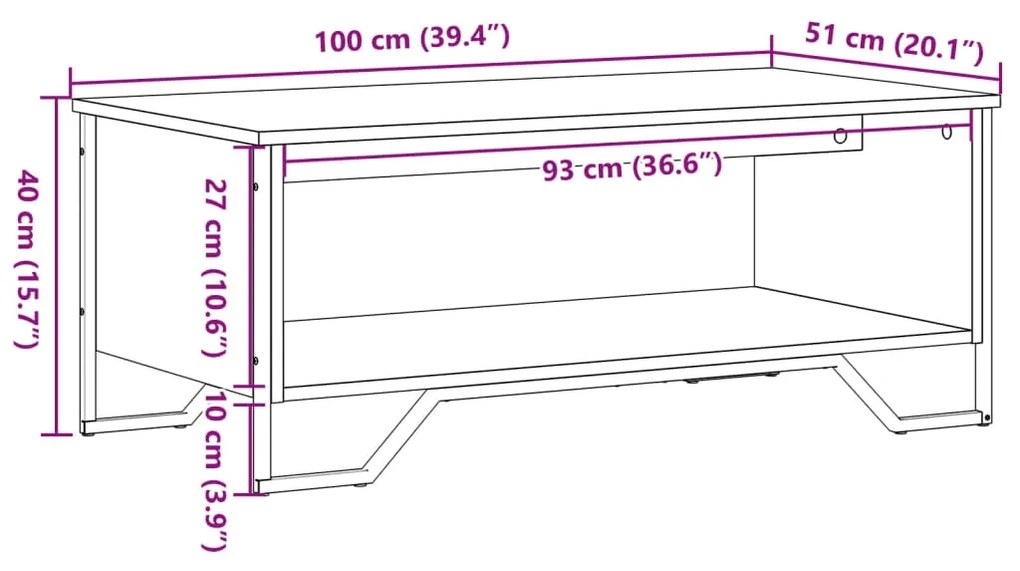 Mesa de centro 100x51x40 cm derivados madeira carvalho fumado