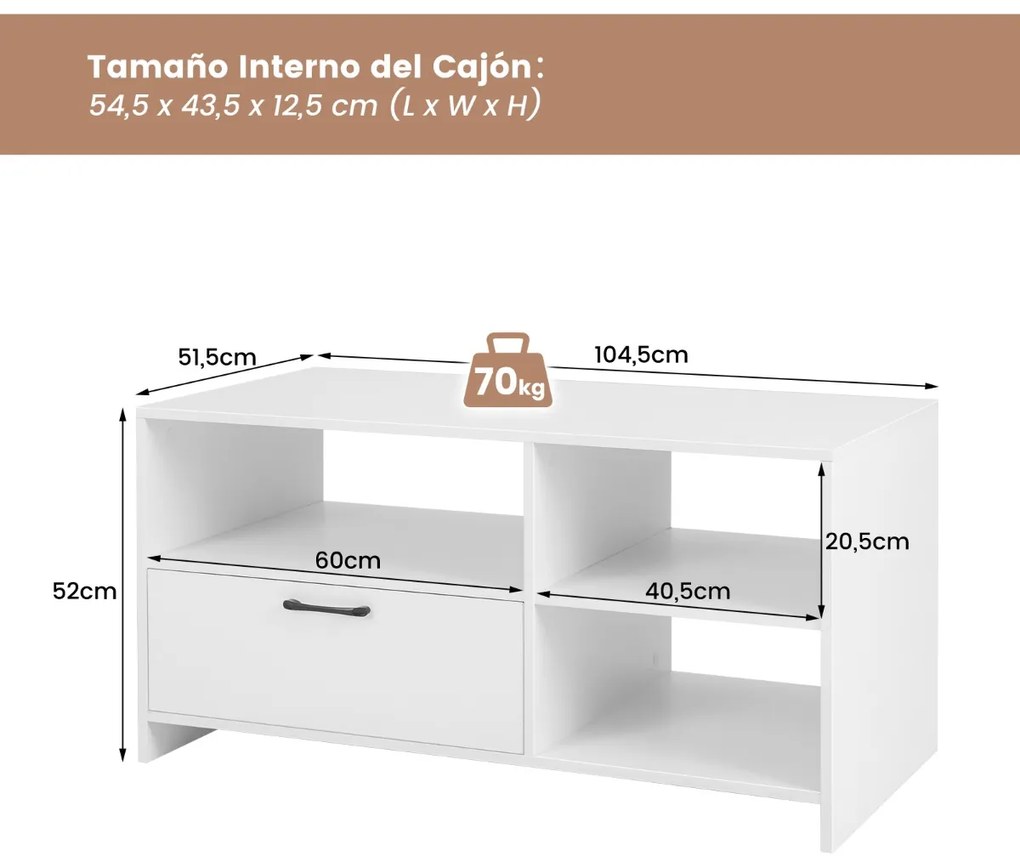 Móvel TV para ecrãs de até 50" Mesa console moderna com 3 compartimentos de gaveta para sala de estar quarto 104,5 x 51,5 x 52 cm branco