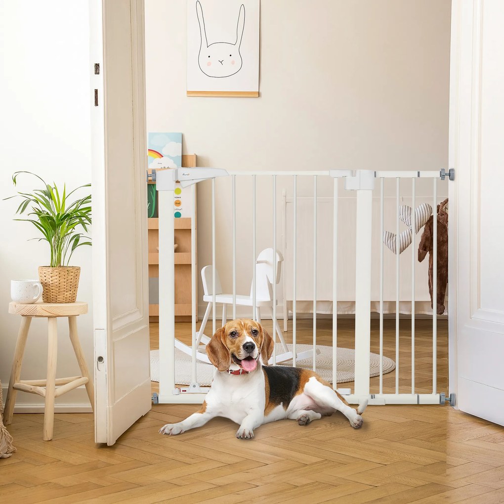 Barreira de segurança para cães e animais extensivel 76-103 Largura, sem necessidade de perfuração, com fecho automática, branca