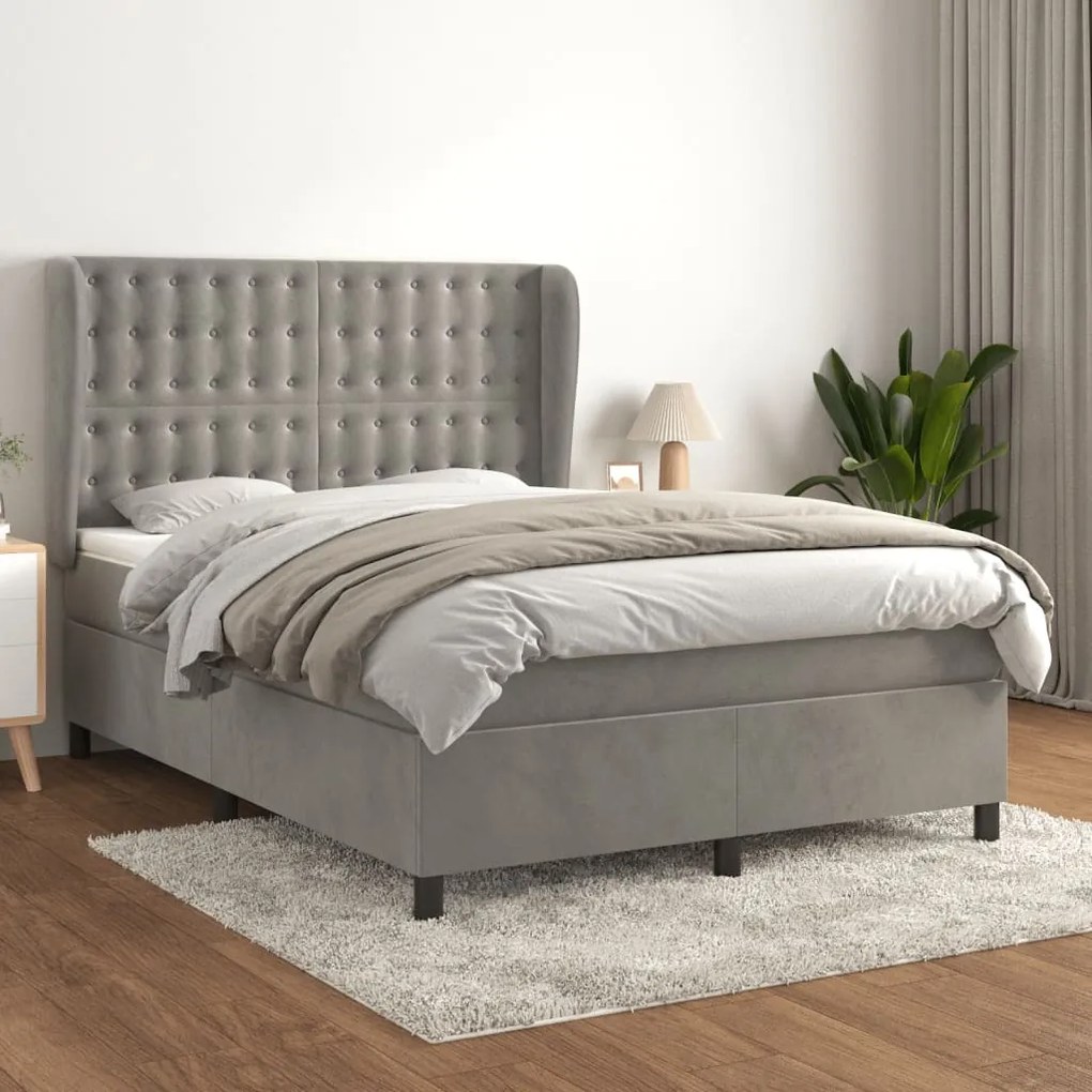 vidaXL Cama com molas/colchão 140x200 cm veludo cinzento-claro