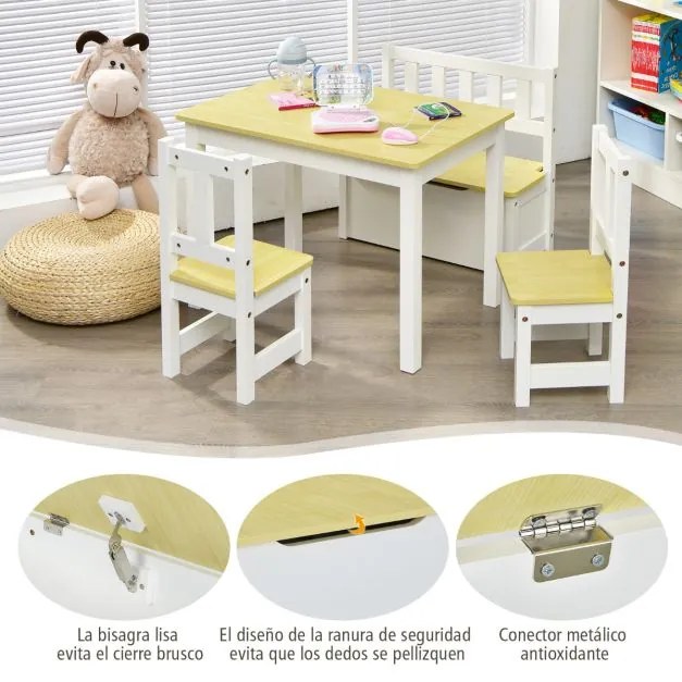 Conjunto de mesa e cadeiras para crianças 4 peças de actividades de madeira 2 em 1 com 2 cadeiras e 1 banco para brincar desenhar ler comer Natural