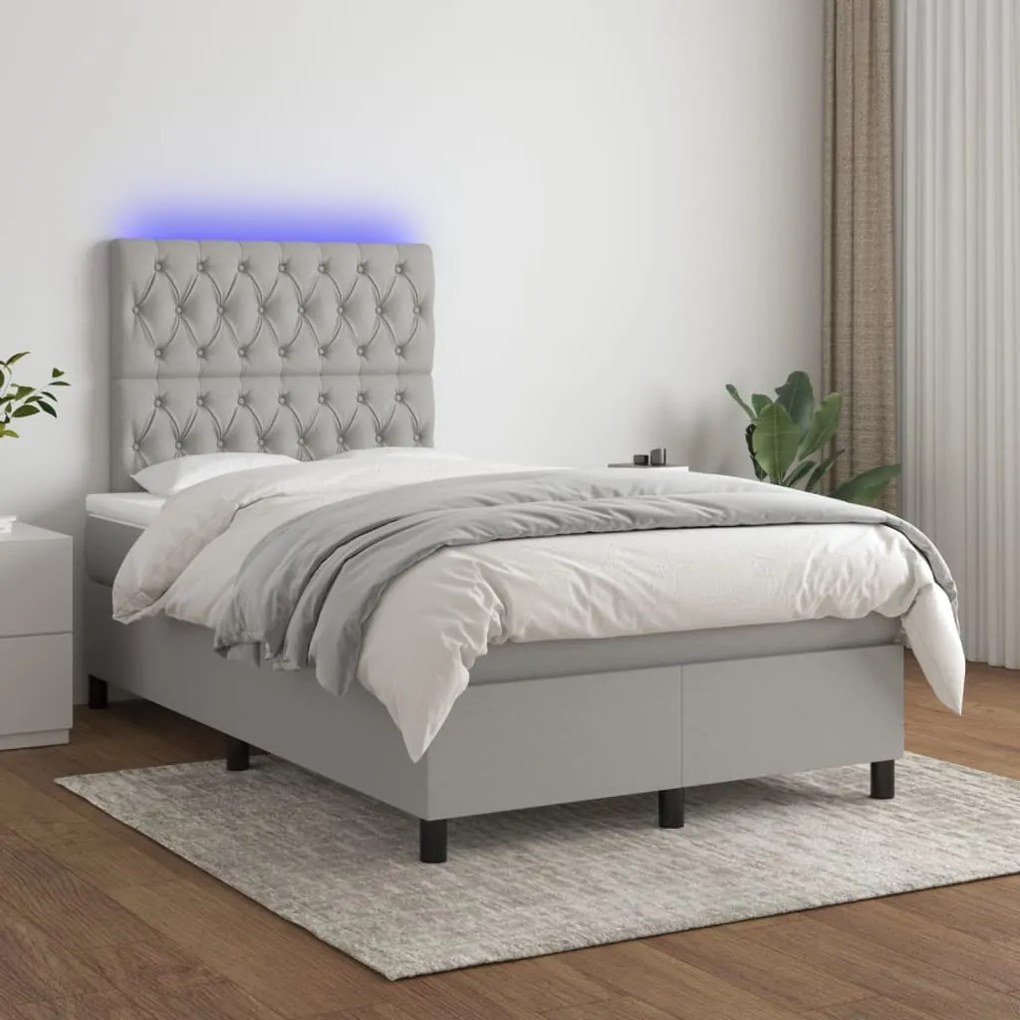 Cama box spring c/ colchão e LED 120x200 cm tecido cinza-claro