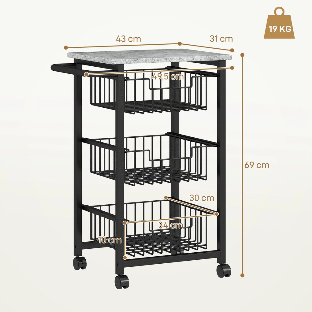 Fruteira para Cozinha Carrinho de Cozinha com 3 Cestas e Estrutura de Aço 49,5x31x69 cm Cinza Claro