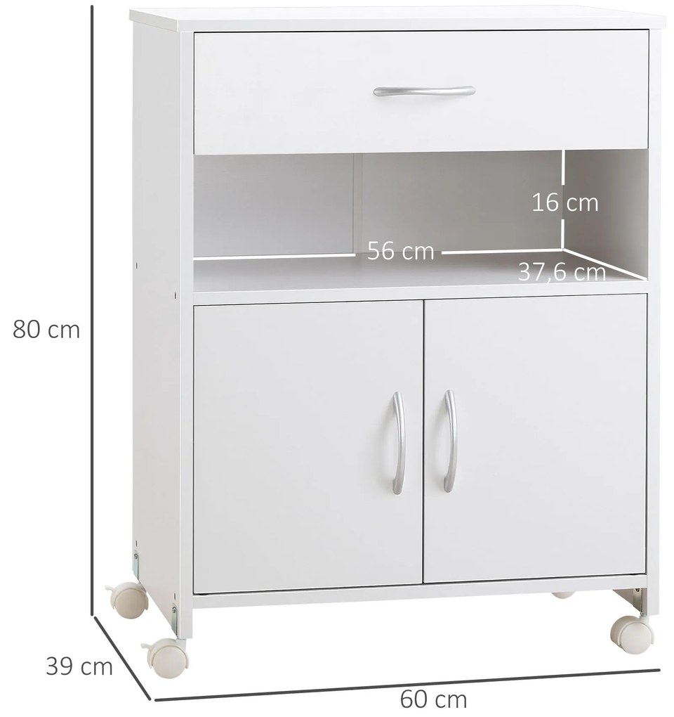 Armário para Impressora Móvel para Impressora com Rodas Gaveta 2 Portas e Compartimento Aberto para Sala de Estar Escritório Estúdio 60x39x80cm Branco