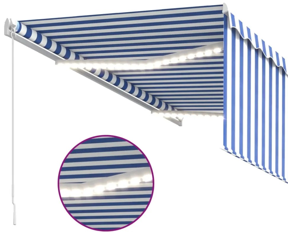 Toldo retrátil manual com estore/LED 3x2,5 m azul e branco