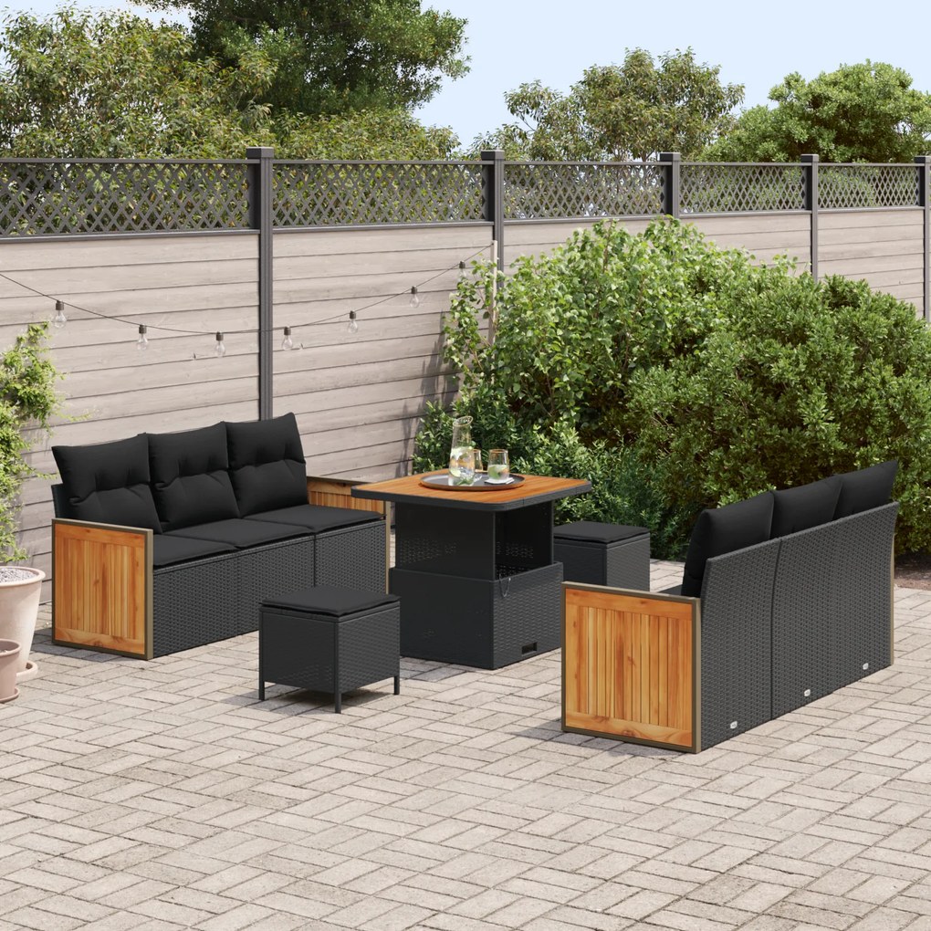 Conjunto de Sofá de Jardim vidaXL com Almofadas Preto Rattan Poliéster
