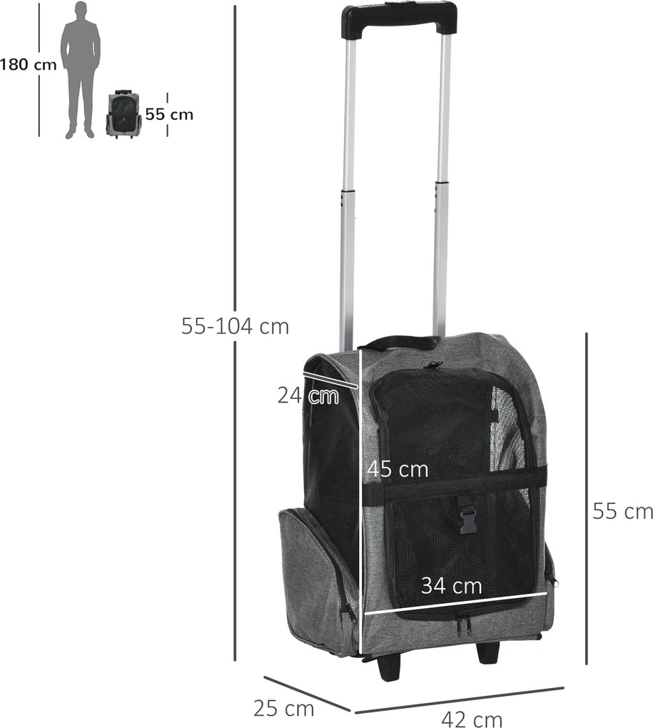 Transportadora Carrinho para Animais de Estimação 2 em 1 Mochila de Viagem com 2 Rodas para Cães Gatos com Alça Retrátil de Alumínio e Bolso de Armaze