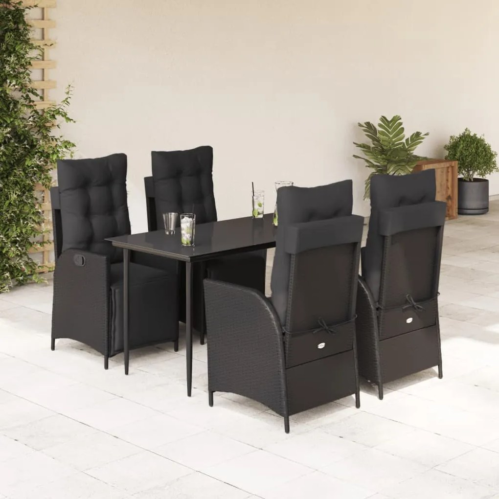 5 pcs conjunto de jantar p/ jardim c/ almofadões vime PE preto