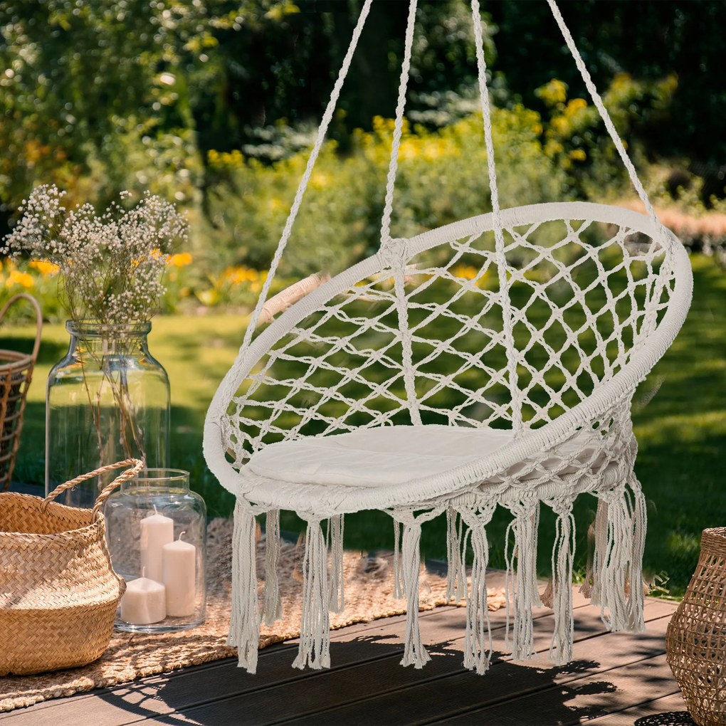 Outsunny Cadeira suspensa redonda Ø60 cm de rede de balanço com almofada e corda de algodão para interior e exterior 80x80x42 cm bege