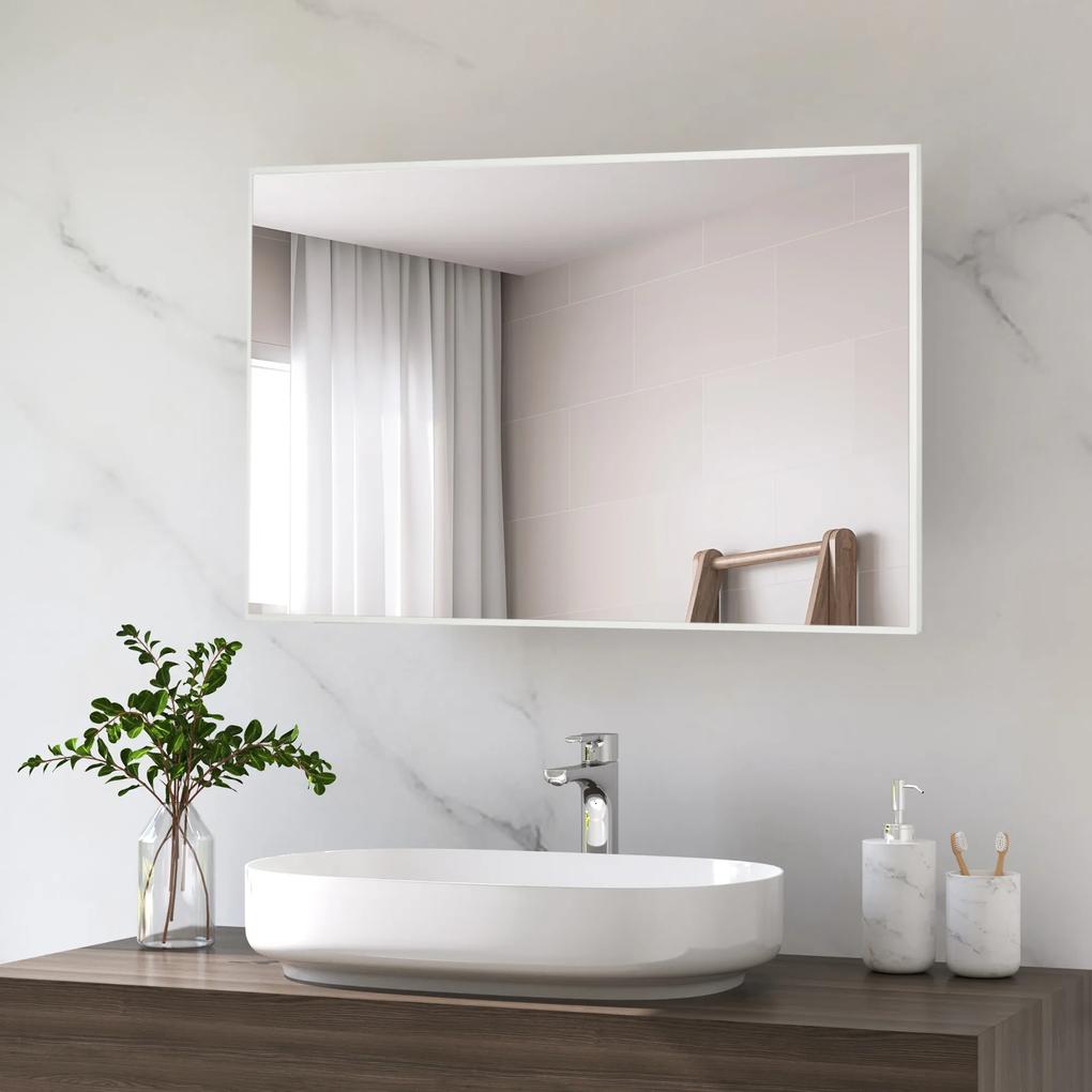 Espelho de Casa de Banho Retangular 104x60cm Espelho de Parede Decorativo e Moderno com Estrutura de Madeira para Dormitório Corredor Entrada Branco