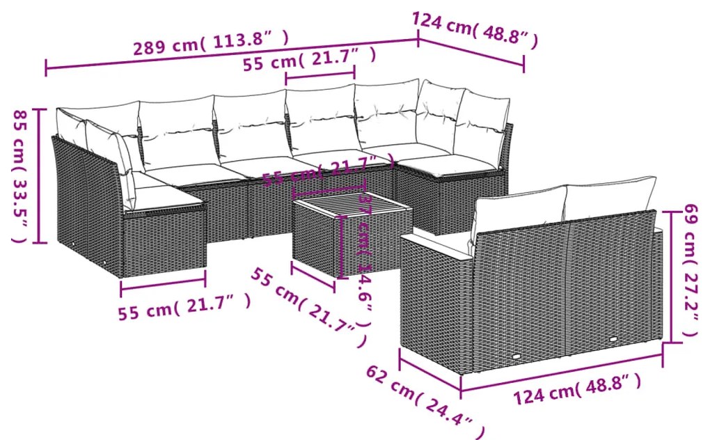 10 pcs conjunto de sofás p/ jardim com almofadões vime PE bege