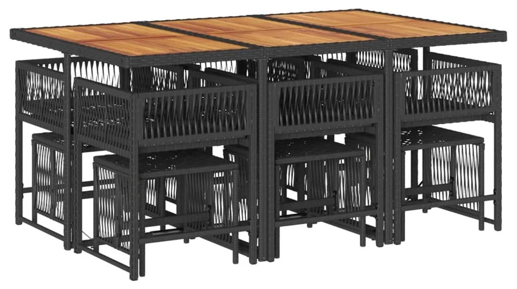 11 pcs conjunto de jantar p/ jardim c/ almofadões vime PE preto