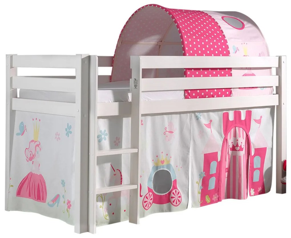 Conjunto Cama alta de Criança PINO 90 x 200 cm + estrado + escada + cortina + túnel Princesa Branca