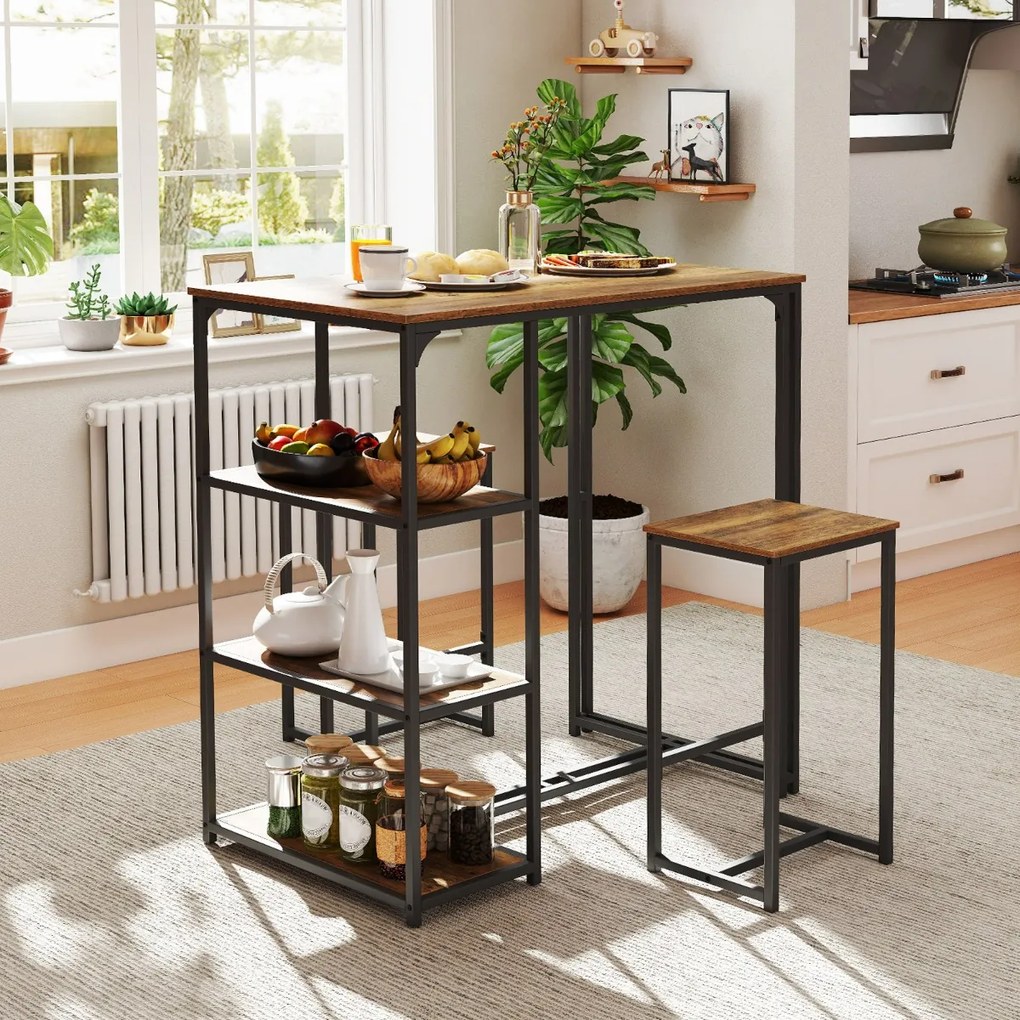 Conjunto de mesa de bar de 3 peças para 2 pessoas com 2 bancos 3 prateleiras Conjunto de móveis de bar Café