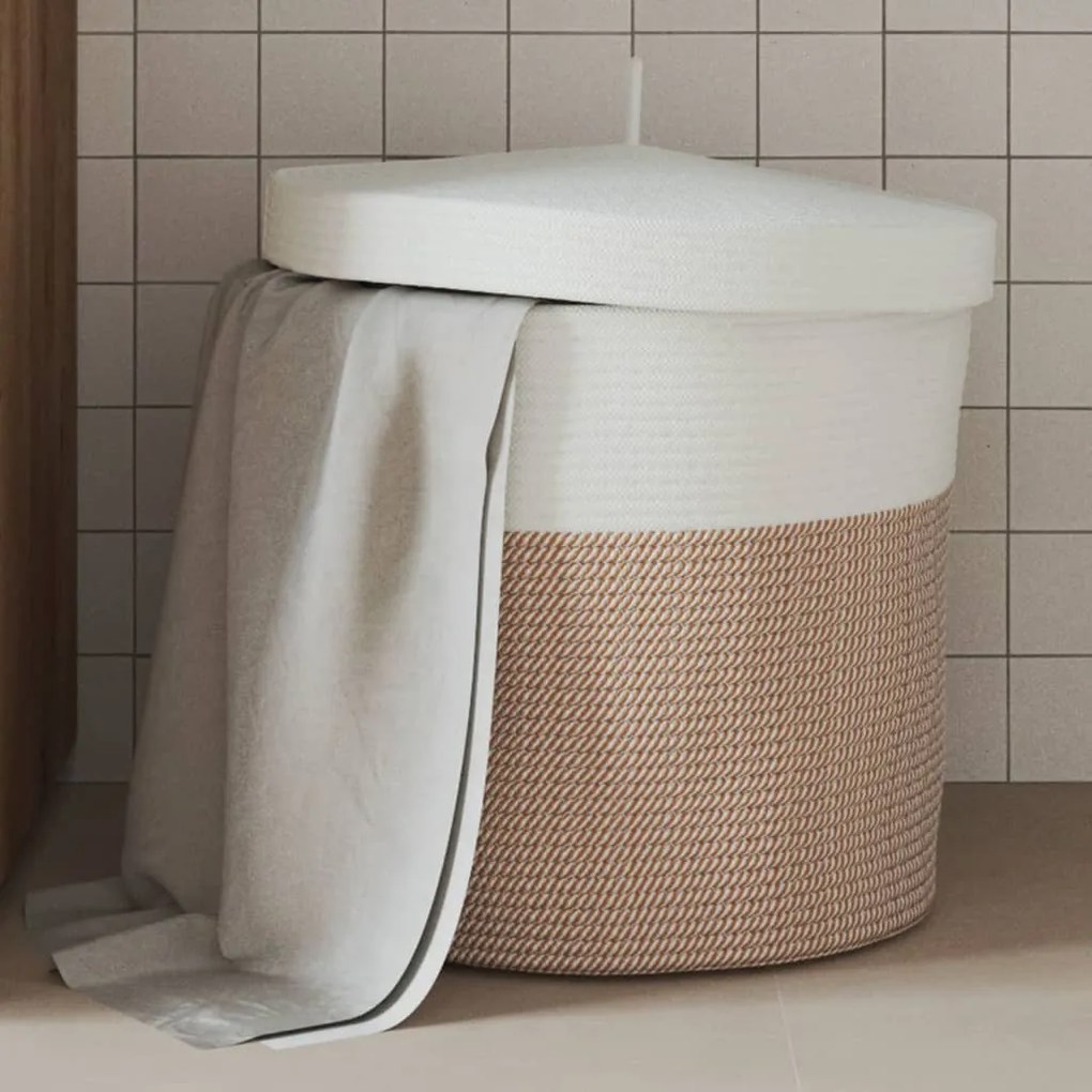 vidaXL Cesto de arrumação com tampa Ø40x35cm algodão castanho e branco