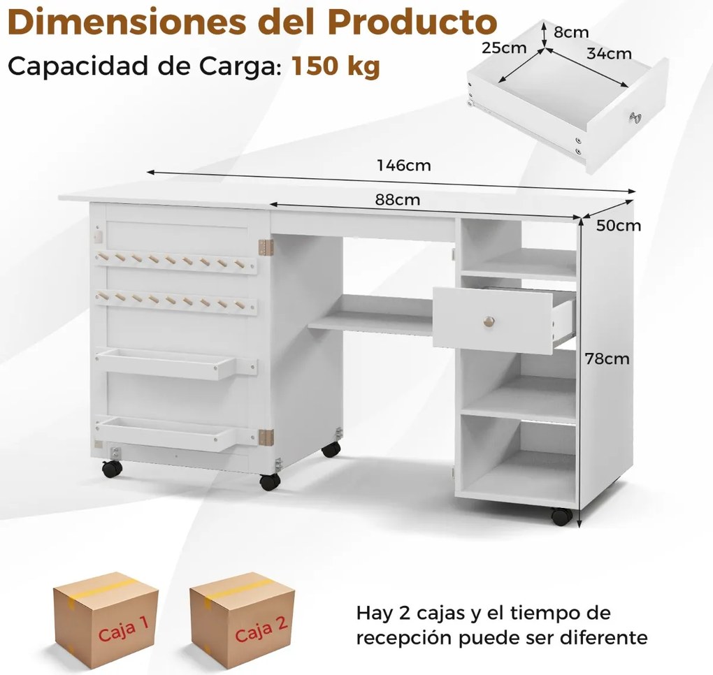 Armário de costura Mesa de costura dobrável com prateleiras, tabuleiros, ganchos, secretária para máquina de costura com 6 rodas bloqueáveis Branco