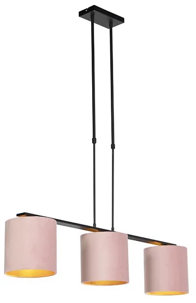 Candeeiro de suspensão com abajures de veludo rosa com dourado 20cm - Combi 3 Deluxe Clássico / Antigo