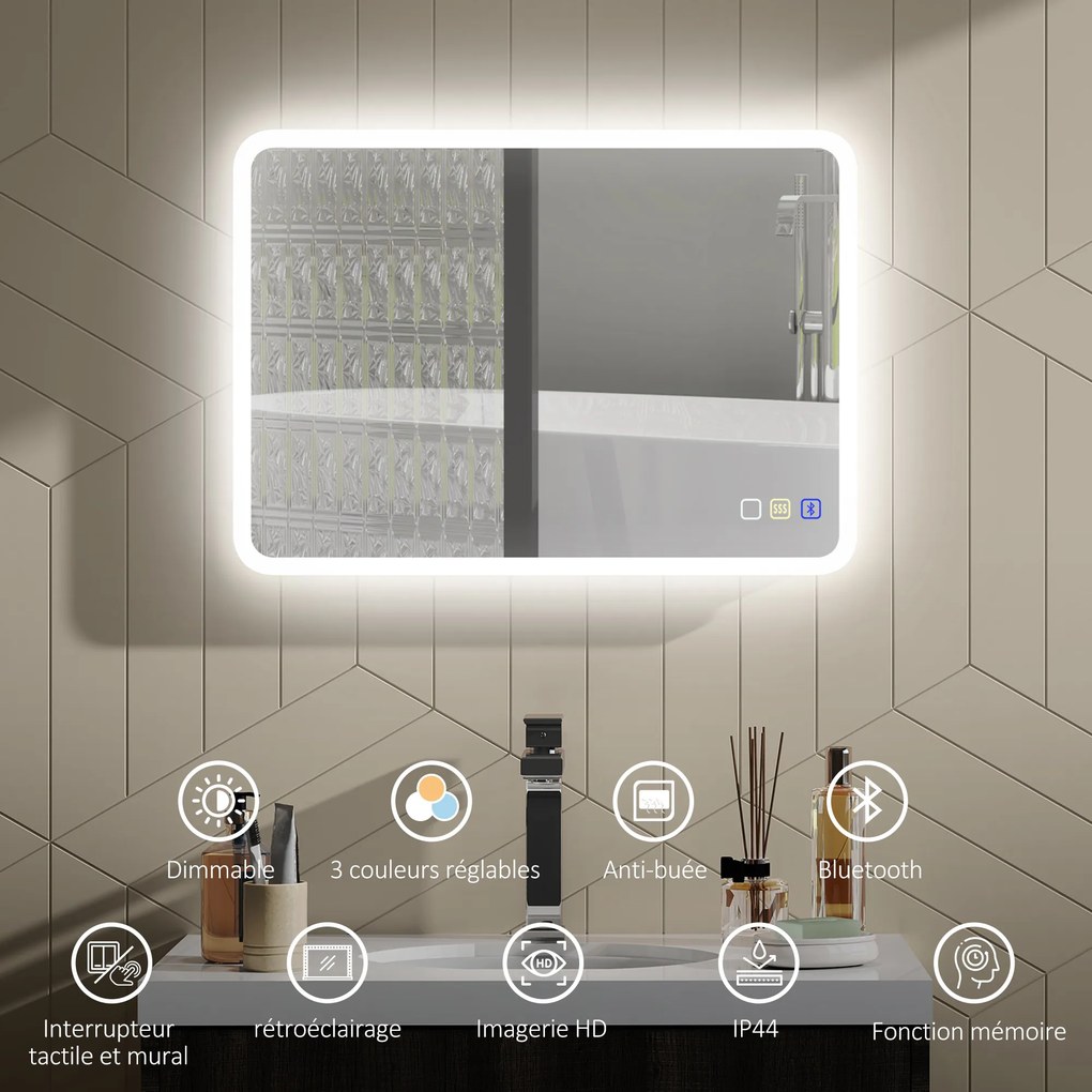 Espelho de casa de banho LED com Bluetooth, 50 x 70 cm, interruptor tátil, iluminação regulável, 3 cores, anti-embaciamento, memória, prateado
