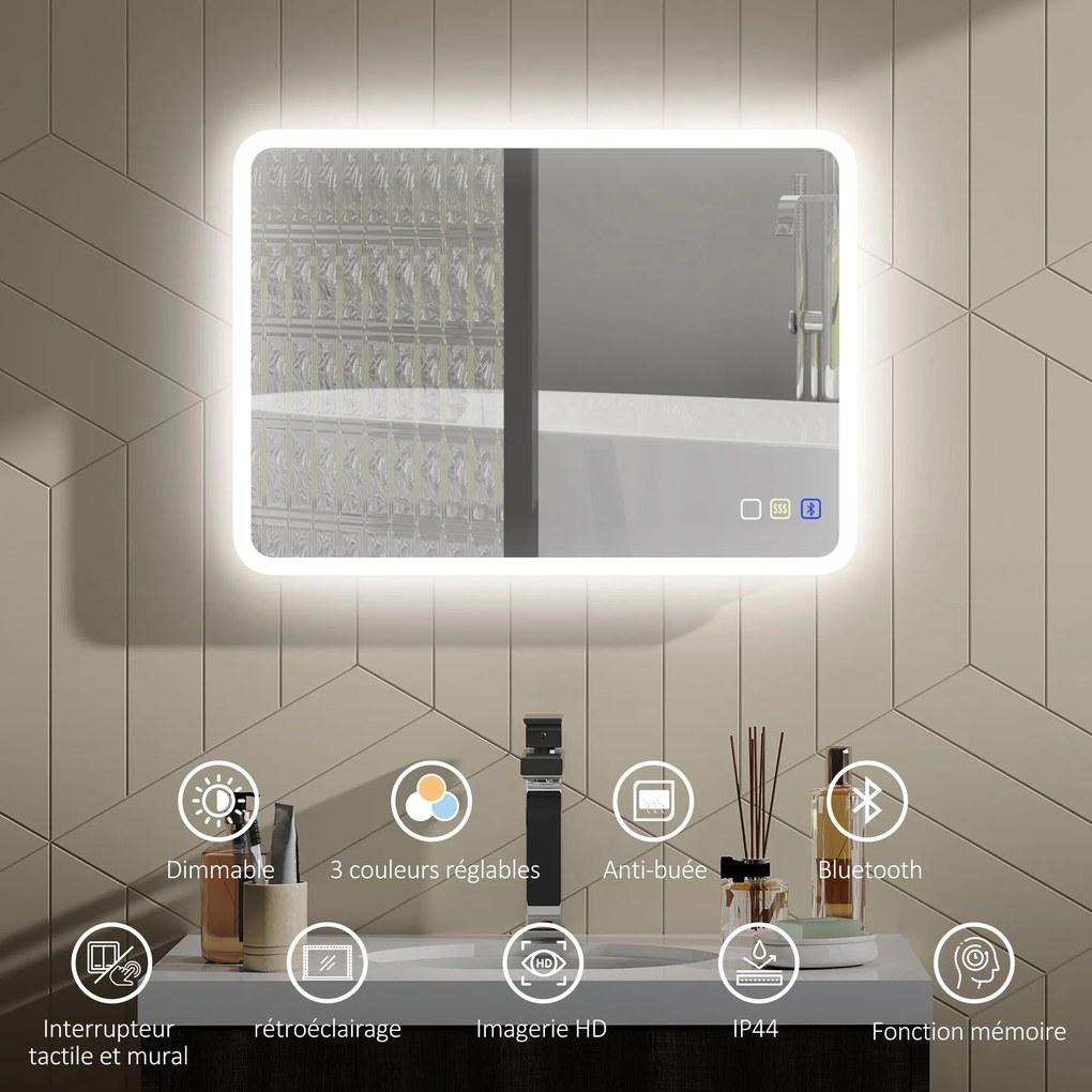 Espelho de casa de banho LED com Bluetooth, 50 x 70 cm, interruptor tátil, luz regulável, 3 cores, antiembaciamento, memória, prateado