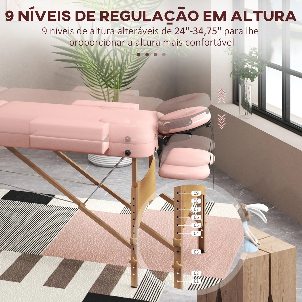 Marquesa de Massagem Dobrável Marquesa com Altura Ajustável Desenho Ergonómico 185x60x64-88 cm Rosa