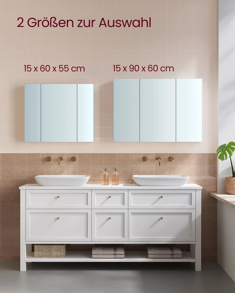 Armário de parede casa de banho com espelho e prateleira regulável, 15 x 90 x 60 cm branco