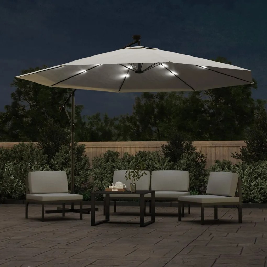 Guarda-sol cantilever c/ luzes LED e poste metal 350 cm areia