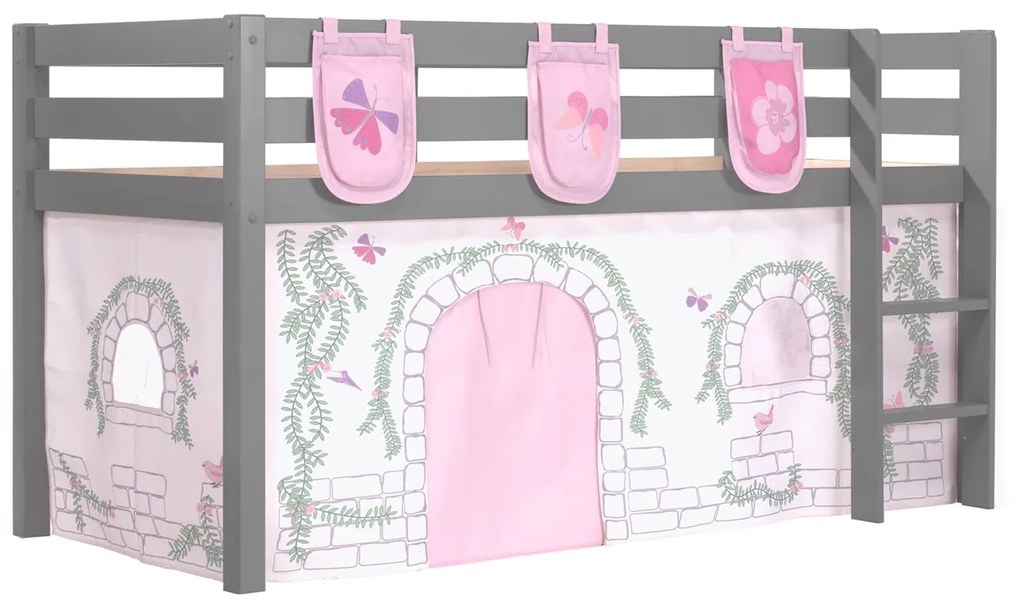 Conjunto Cama alta de Criança PINO 90 x 200 cm + estrado + escada + cortina + 3 Bolsas Pássaro Cinzenta