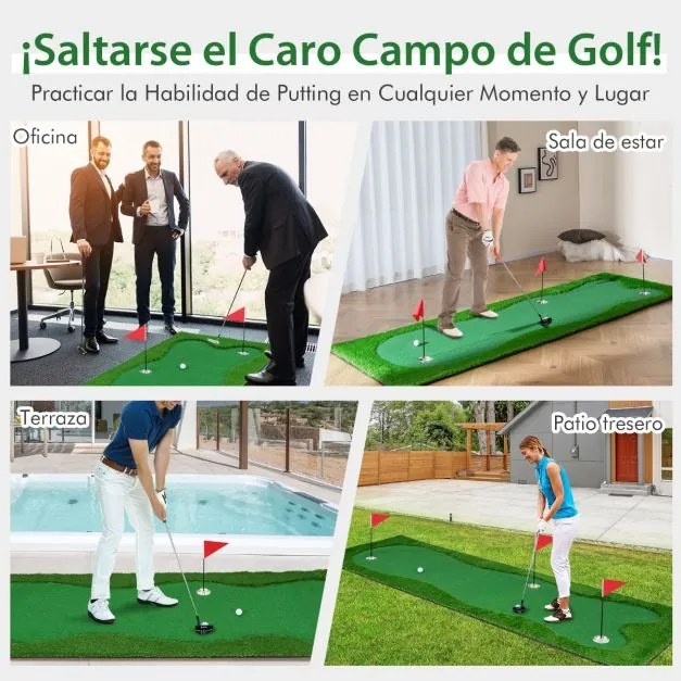 Tapete de treino de golfe profissional com relva artificial realista, 3 buracos, 3 bandeiras e taças de prática de putting 3 x 1 m Verde