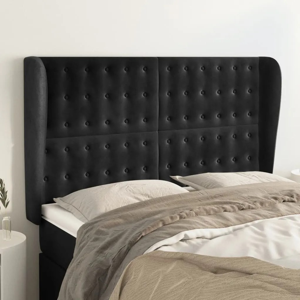 Cabeceira de cama c/ abas veludo 147x23x118/128 cm preto