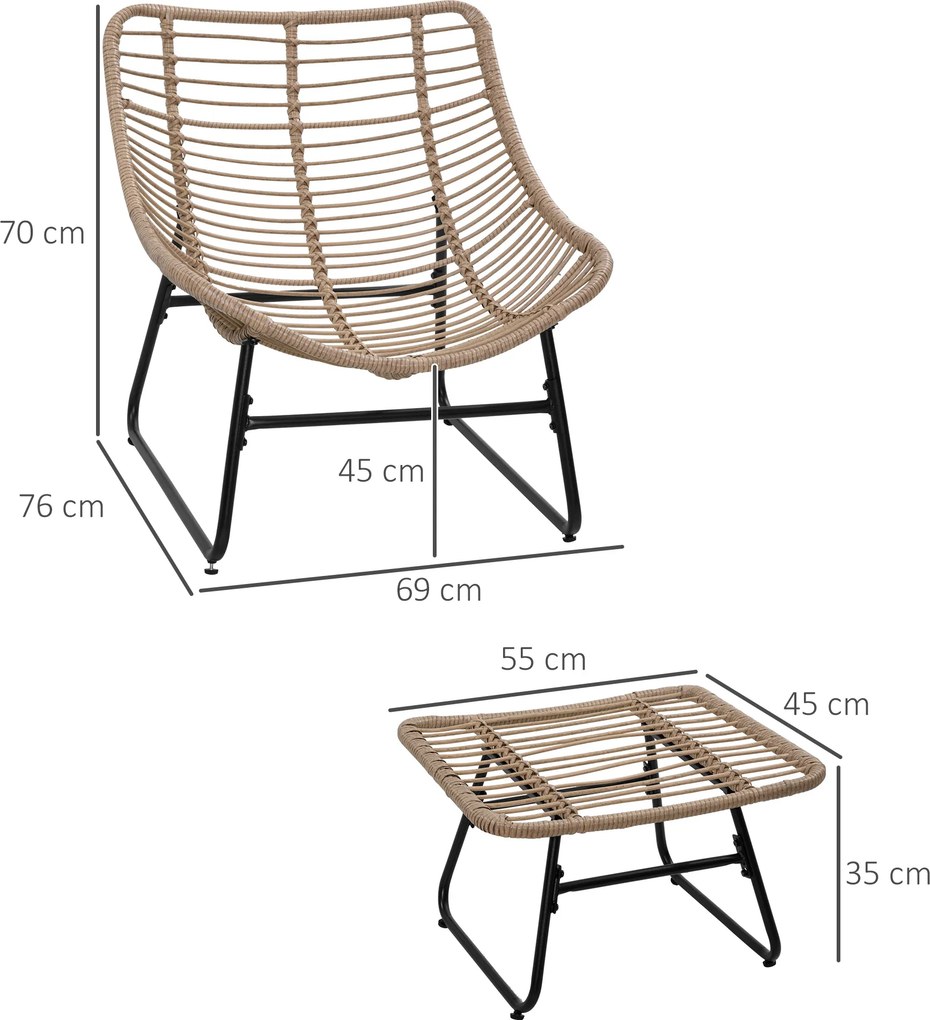 Cadeira de jardim com apoio para os pés em metal com revestimento epóxi e resina trançada com aspeto de vime, com almofadas macias - natural