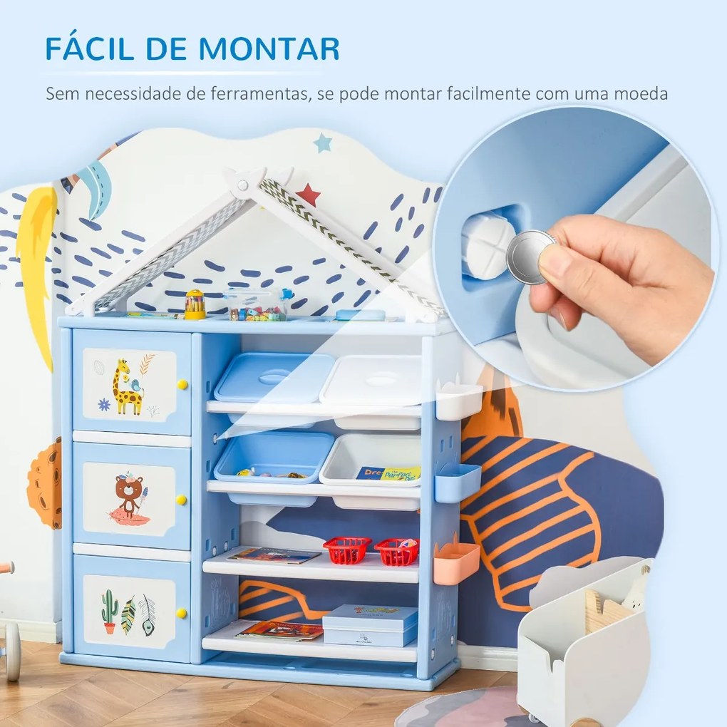 Estante Infantil de Brinquedos com Armário Prateleiras 4 Caixas e 3 Cestas Organizadoras de Armazenamento para Habitação de Crianças Sala de Jogos 128
