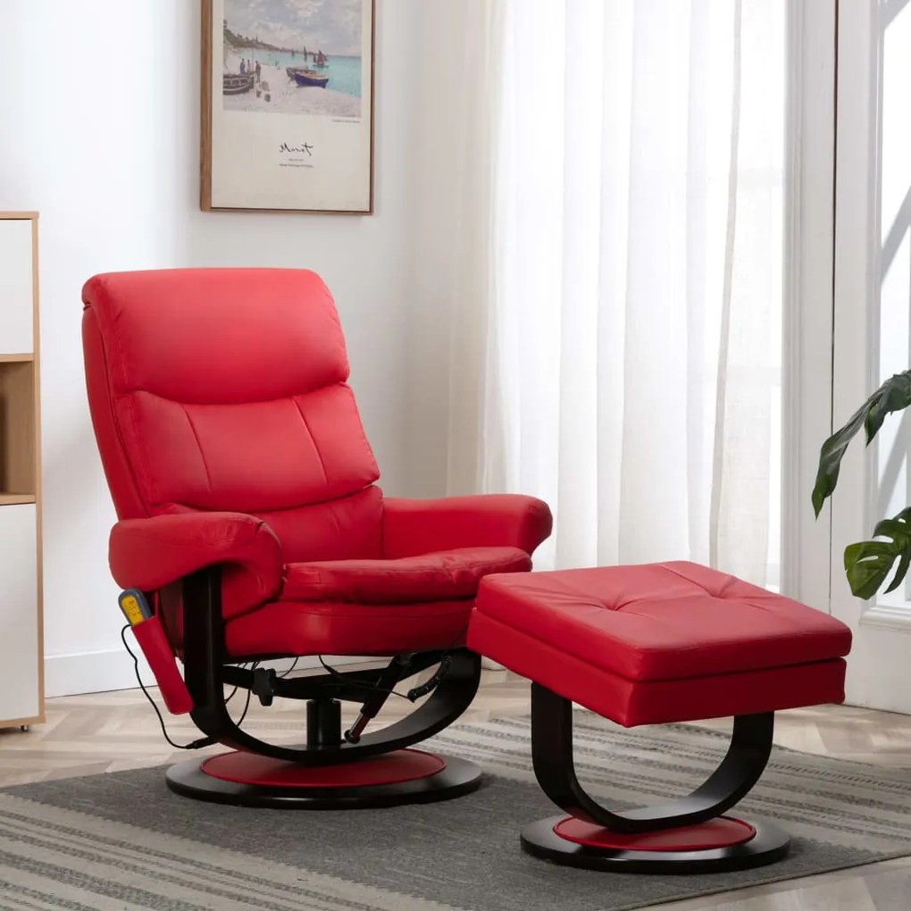 vidaXL Poltrona reclin. massagens couro artif./madeira curva vermelho