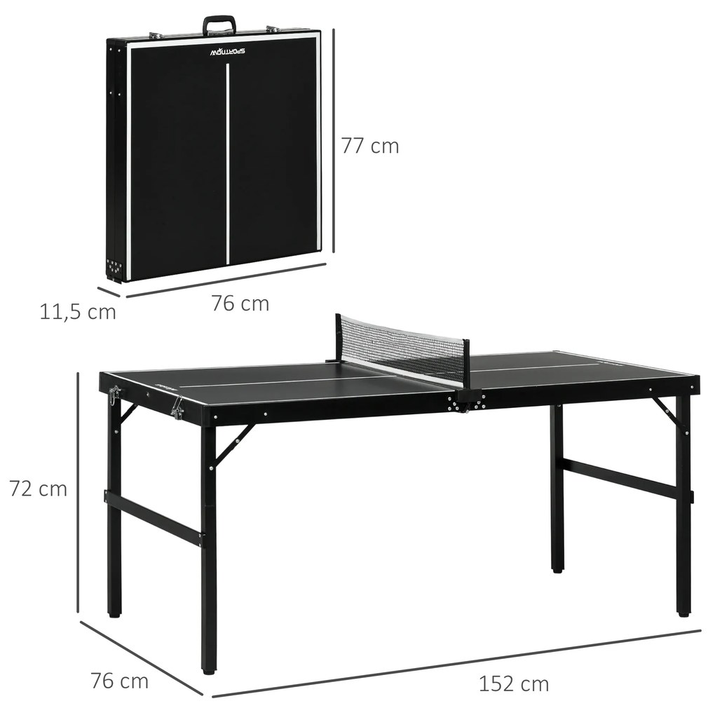 SPORTNOW Mesa de Ping Pong Dobrável de Tamanho Médio com Estrutura de Alumínio Mesa de Ping Pong Portátil para Interior e Exterior 152x76x72 cm Preto