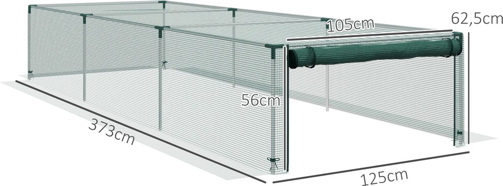 Estufa de jardim para tomates com rede de proteção e porta com fecho de correr enrolável em HDPE, 125 x 373 x 62,5 cm