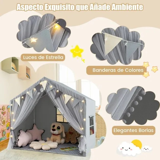 Tenda infantil 146 x 96 x 133 cm com 2 cortinas de tecido e malha, luzes de estrelas, 2 janelas respiráveis e almofada de algodão cinzenta
