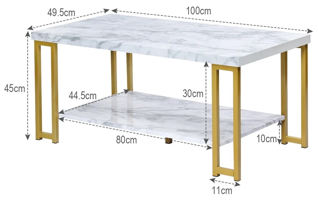 Mesa de centro com tampo imitação mármore com 2 níveis e pernas metálicas 100 x 49,5 x 45 cm Dourada e Branca