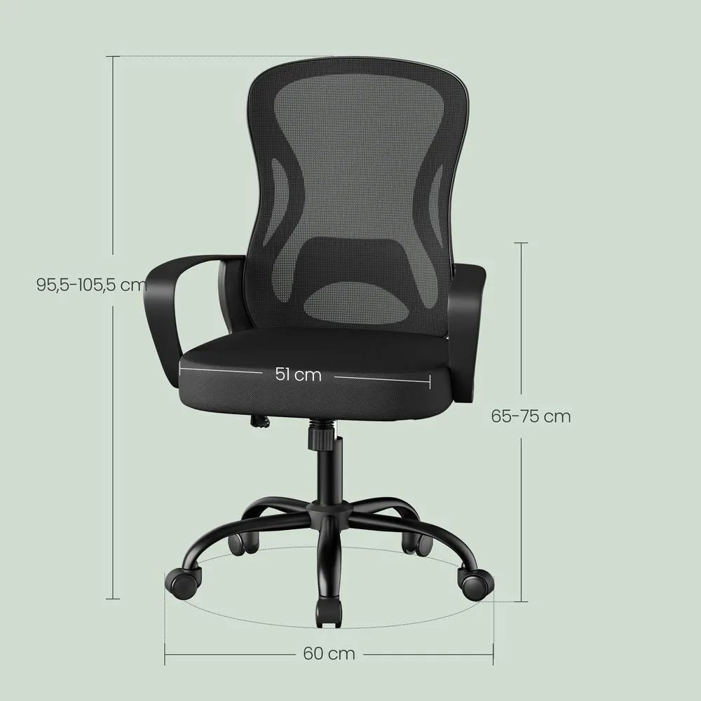 Cadeira de escritório ergonómica de malha, 60 x 60 x (95,5-105,5) cm com função de balanço Preta