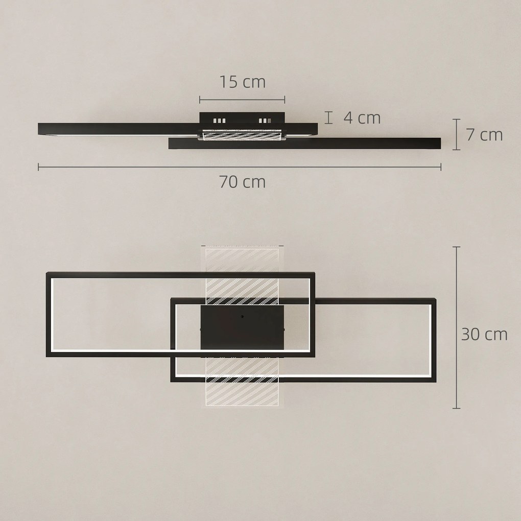 Candeeiro de teto LED 70 x 30 cm retangular de 43 W, luminária de teto 3000-6000 K, 4600 LM, comando à distância, preto