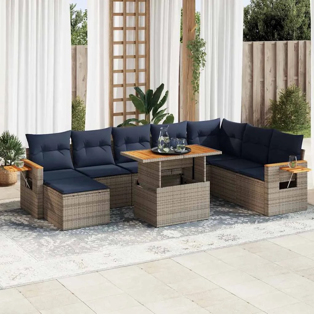 10 pcs conjunto sofás jardim almofadões vime PE/acácia cinzento