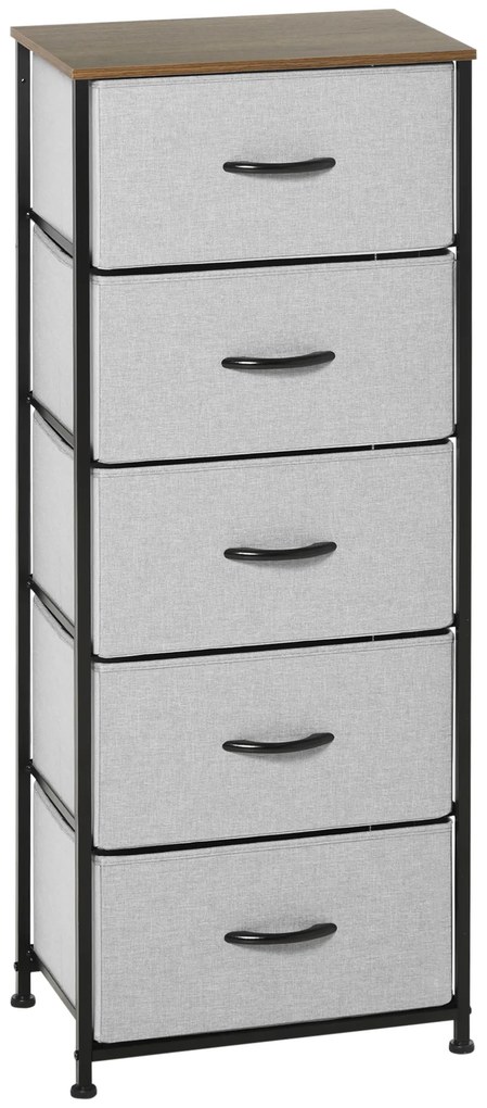 HOMCOM Cômoda 5 Gavetões Móvel de Armazenamento Gaveta em Tecido Dobrável Estrutura de Aço Preto 45x30x116 cm Cinza | Aosom Portugal