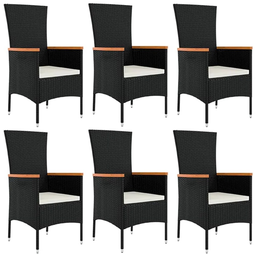 7 pcs conjunto de jantar p/ jardim c/ almofadões vime PE preto