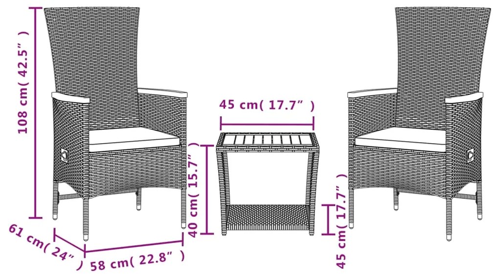 3 pcs conjunto de jantar p/ jardim c/ almofadões vime PE preto
