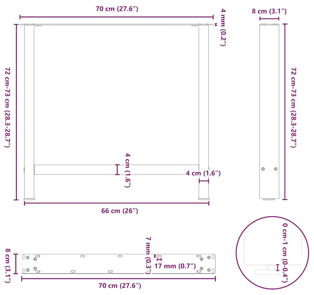 Pés para mesa de jantar pretos 2 peças 70x(72-73) cm aço
