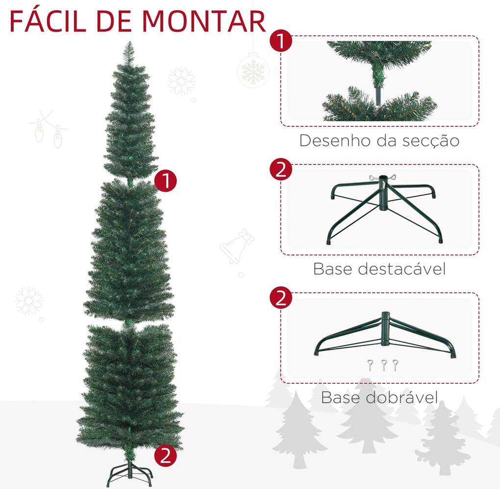 Árvore de Natal Artificial Altura 210cm com 510 Ramos de Folhas de PVC Ignífugos Base Dobrável e Suporte Metálico Verde