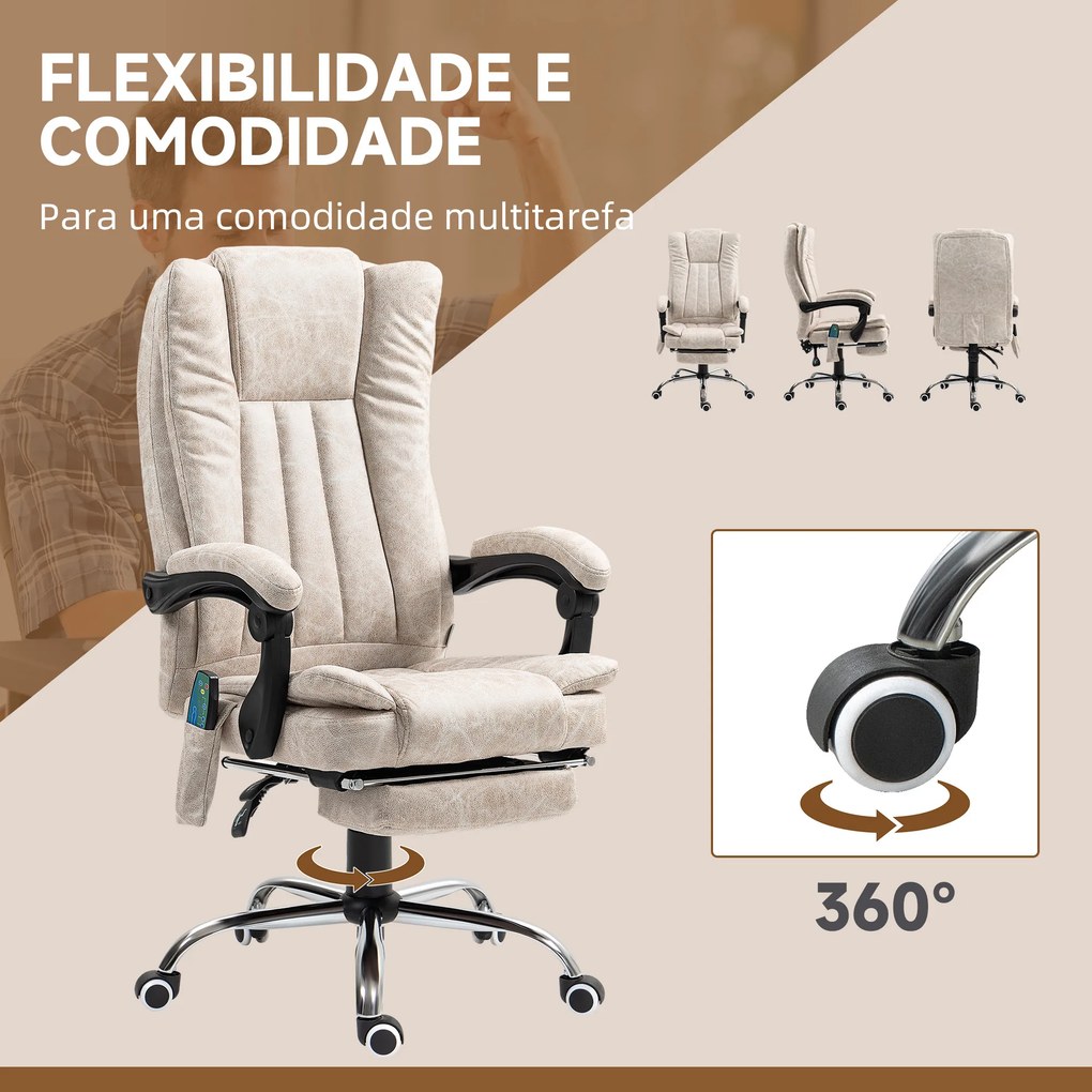 Cadeira de Massagem com 6 Pontos de Massagem Ajustáveis com Função de Aquecimento Apoio para os Pés Retrátil Creme