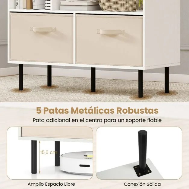 Estante com 6 cubos 90 x 40 x 105 cm e com 3 gavetas de tecido dobráveis e removíveis moderno branca